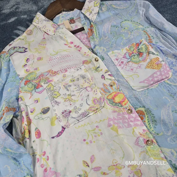 Anthropologie Pilcro Blue Floral Button Up Shirt Women's‎ XS Boho Blouse - Picture 7 of 12